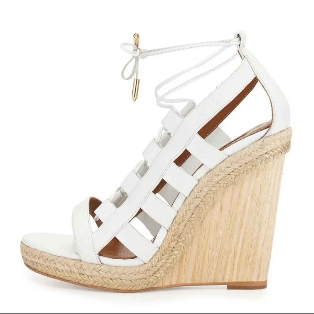 Aquazzura Firenze Amazon Gladiator White Leather Lace-Up Strappy Wedge Sandals